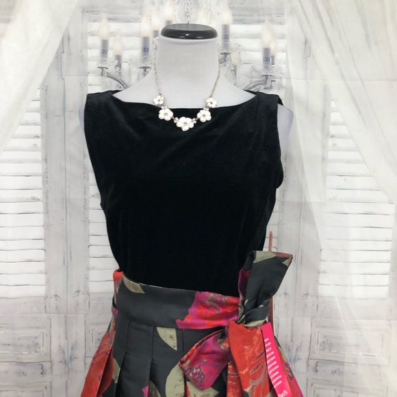 Alex Marie Black Pink Jacquard Velvet Cocktail Dress Pockets Fit & Flare Gown - Picture 3 of 11